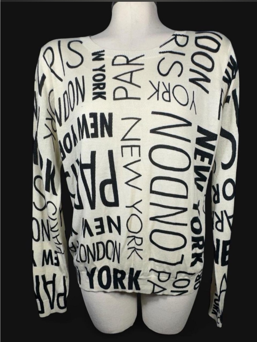 Forever 21 City-Print Crewneck Sweater Black White Size L London New York